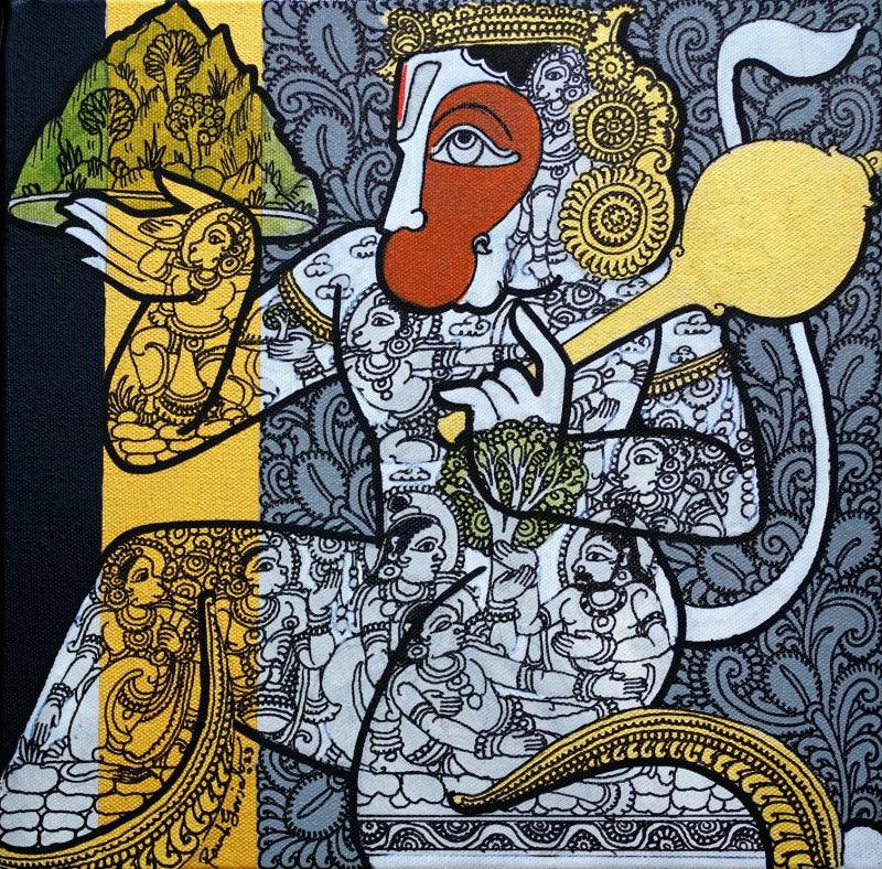 Religious acrylic painting titled 'Lord Hanuman', 12x12 inches, by artist Ramesh Gorjala on Canvas
