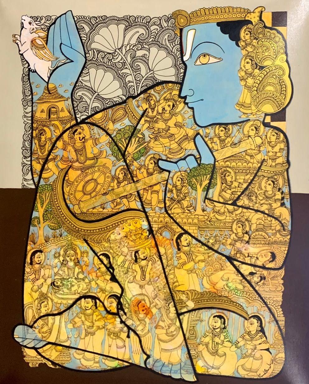Religious acrylic painting titled 'Lord Krishna 2', 37x27 inches, by artist Ramesh Gorjala on Canvas