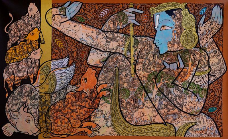 Religious acrylic painting titled 'Lord Krishna', 36x60 inches, by artist Ramesh Gorjala on Canvas