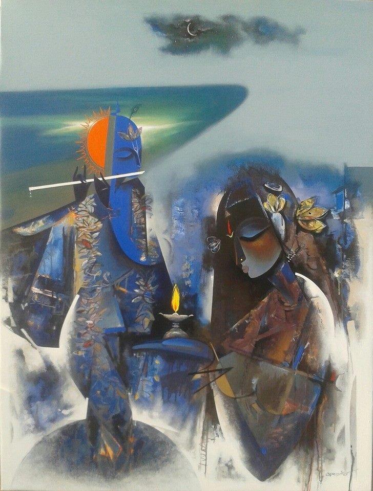 Figurative acrylic painting titled 'Lord Krishna', 48x36 inches, by artist Vishal Phasale on Canvas