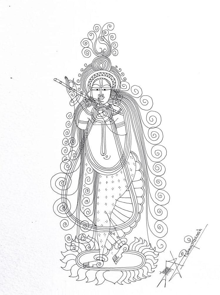 Religious mixed media drawing titled 'Lord Krishna', 15x11 inches, by artist Krishnaprakash Vasant Martand on Canson paper