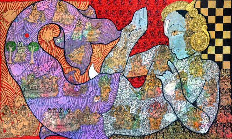 Religious acrylic painting titled 'Lord Krishna', 35x58 inches, by artist Ramesh Gorjala on Canvas