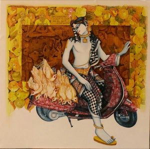 Religious mixed media painting titled 'Lord Krishna', 36x36 inches, by artist Saraswathi Lingampally on Canvas