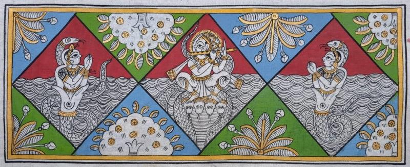 Religious phad traditional art titled 'Lord Krishna', 8x18 inches, by artist Abhishek Joshi on Hanmade Canvas