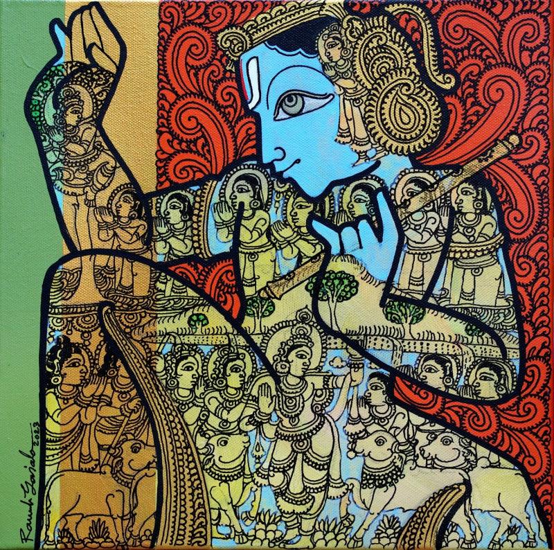 Religious acrylic painting titled 'Lord Krishna', 12x12 inches, by artist Ramesh Gorjala on Canvas