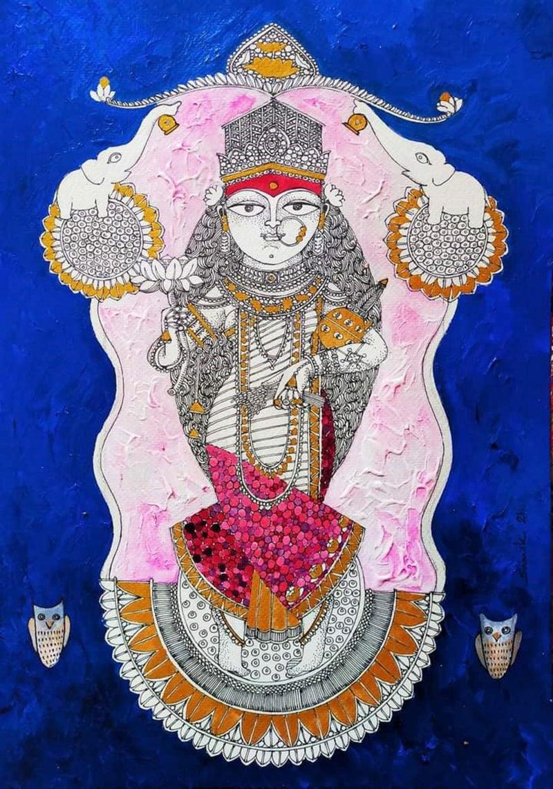 Religious acrylic ink painting titled 'Lord Laxmi', 17x12 inches, by artist Samik De on Paper