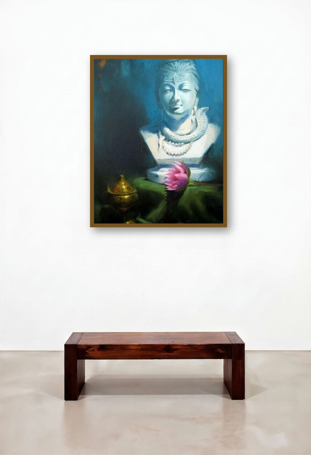 Lord Shiva (Divine Serenity) by artist Vijay Jadhav displayed in a Rustic Reception Area