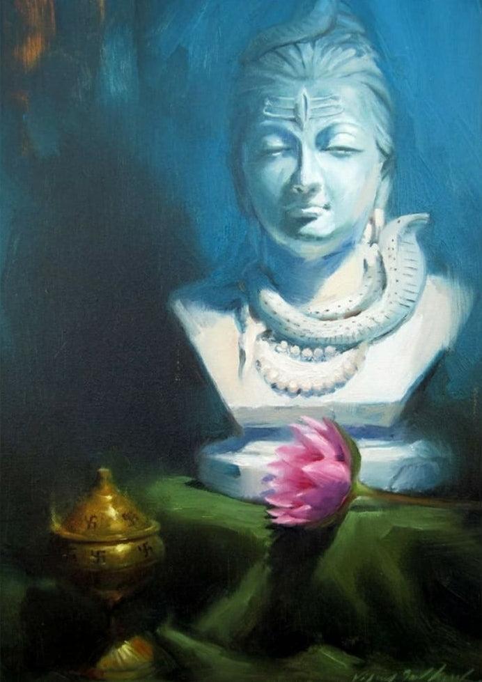 Religious oil painting titled 'Lord Shiva', 17x12 inches, by artist Vijay Jadhav on Canvas