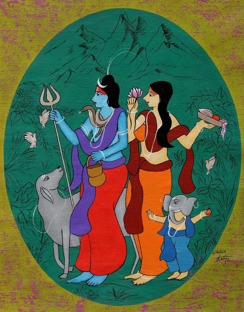 Figurative acrylic painting titled 'Lord Shiva', 29x37 inches, by artist Chetan Katigar on Canvas