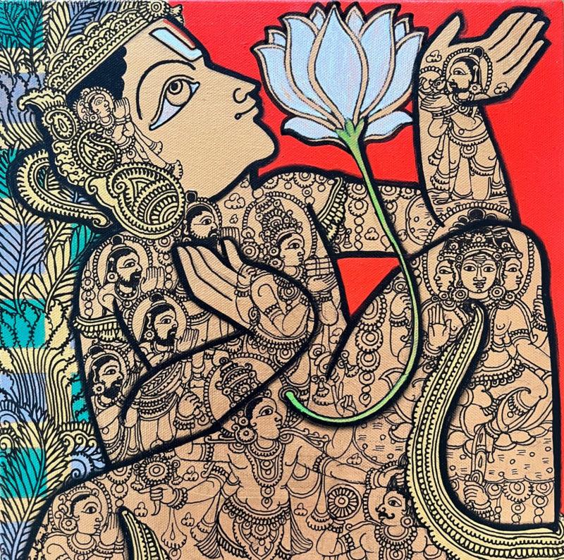 Religious acrylic painting titled 'Lord Vishnu 3', 12x12 inches, by artist Ramesh Gorjala on Canvas