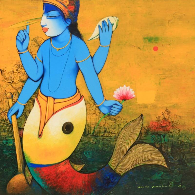 Religious acrylic painting titled 'Lord Vishnu', 48x48 inches, by artist Anand Panchal on Canvas