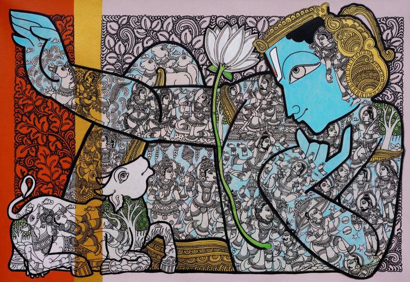 Religious acrylic painting titled 'Lord Vishnu', 36x60 inches, by artist Ramesh Gorjala on Canvas