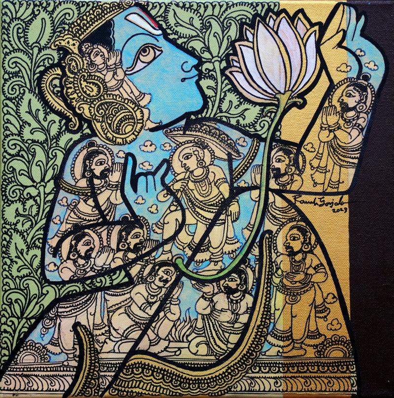 Religious acrylic painting titled 'Lord Vishnu', 12x12 inches, by artist Ramesh Gorjala on Canvas