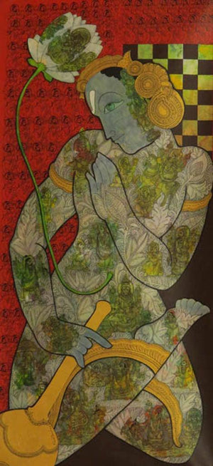Religious mixed media painting titled 'Lord Vishnu', 79x35 inches, by artist Ramesh Gorjala on Canvas