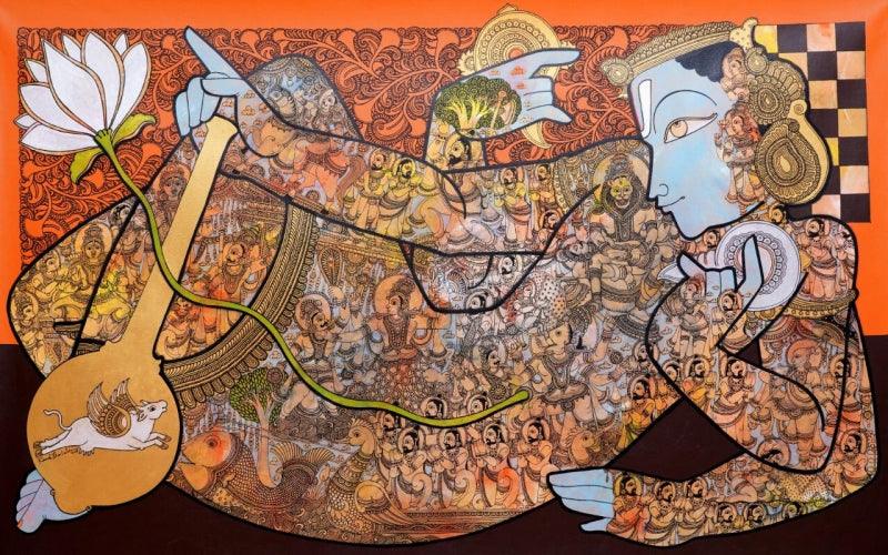 Religious acrylic painting titled 'Lord Vishnu', 36x60 inches, by artist Ramesh Gorjala on Canvas
