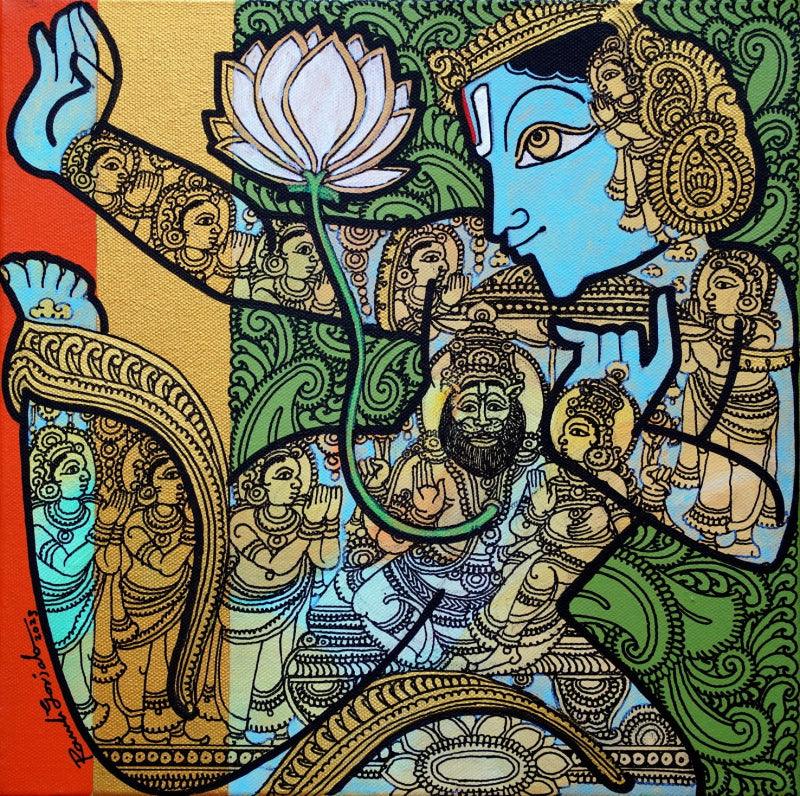 Religious acrylic painting titled 'Lord Vishnu', 12x12 inches, by artist Ramesh Gorjala on Canvas