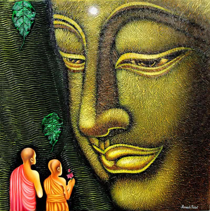 Figurative acrylic painting titled 'Lord buddha painting', 30x24 inches, by artist Ramesh on Canvas Board