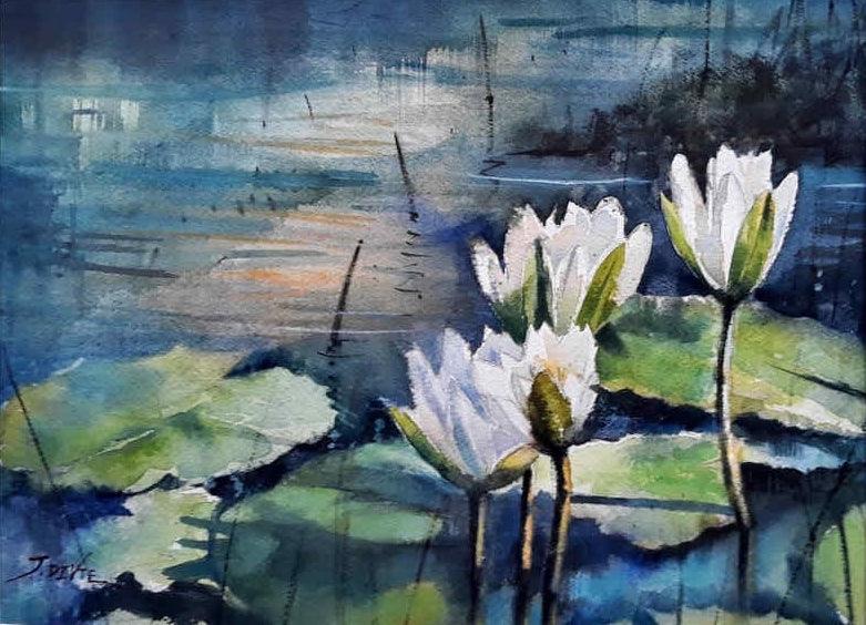 Nature watercolor painting titled 'Lotus 2', 11x15 inches, by artist Jitendra Divte on Paper