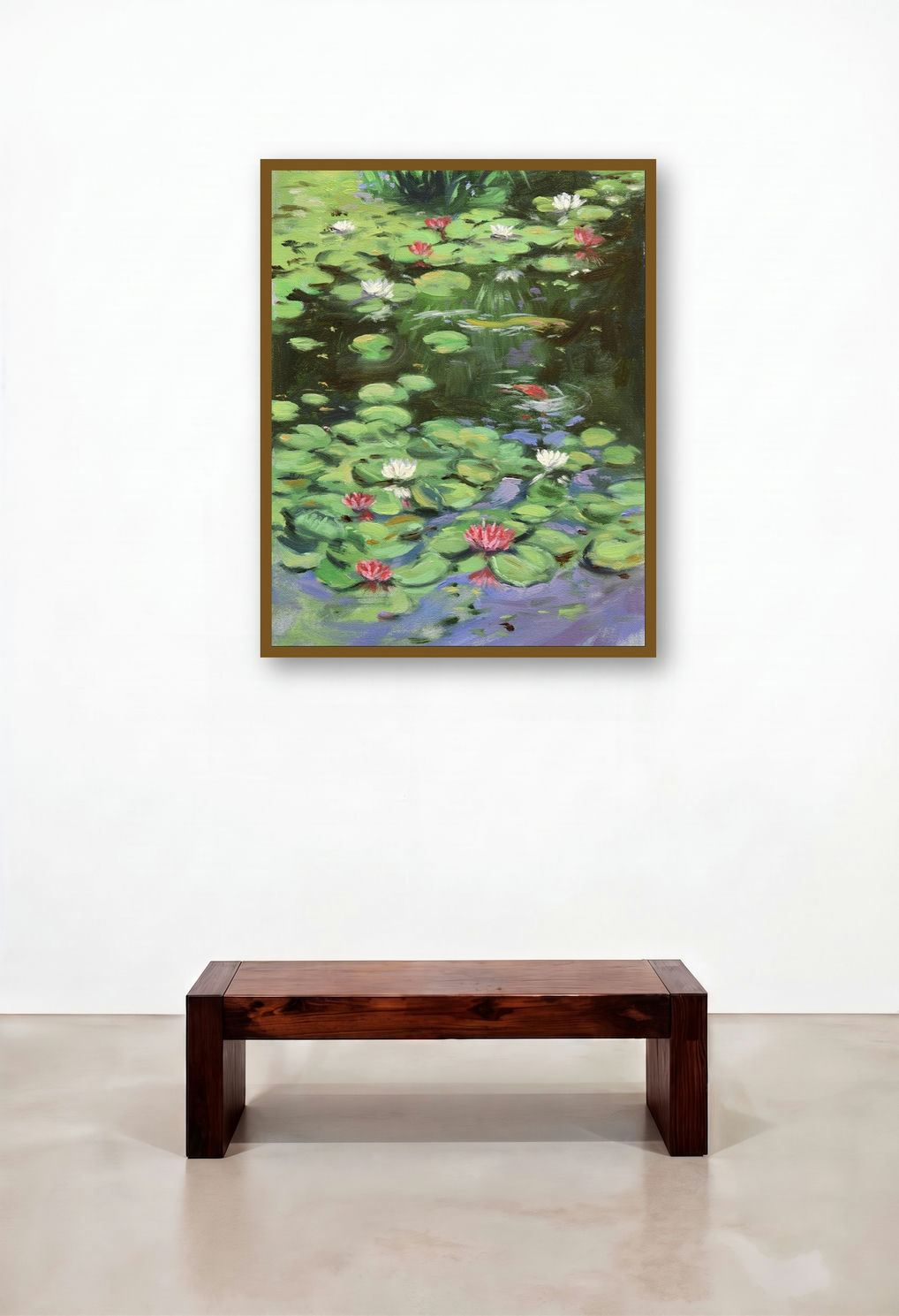 Lotus (Serene Pond 1) by artist Swapniil Paatil displayed in a Mid-Century Modern Hallway