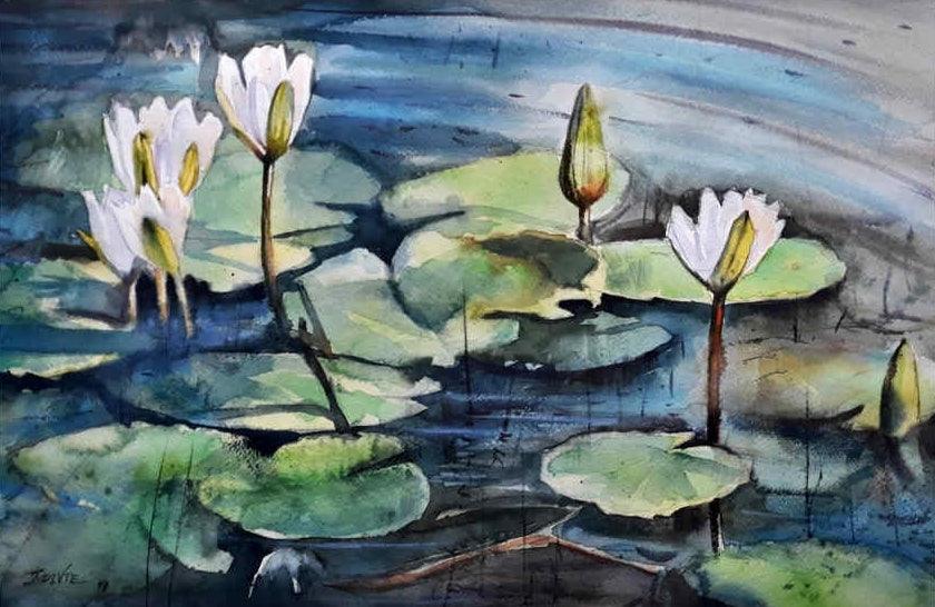 Nature watercolor painting titled 'Lotus', 15x22 inches, by artist Jitendra Divte on Paper