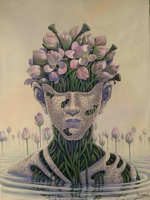 Figurative acrylic painting titled 'Lotus', 36x30 inches, by artist Bijay Biswaal on Canvas