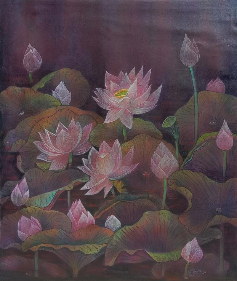 Nature mixed media painting titled 'Lotus', 42x36 inches, by artist Atin Mitra on Canvas