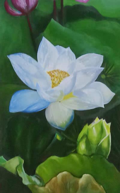 Nature oil painting titled 'Lotus', 12x12 inches, by artist Sumithran O M Oravanthuruth House on Canvas