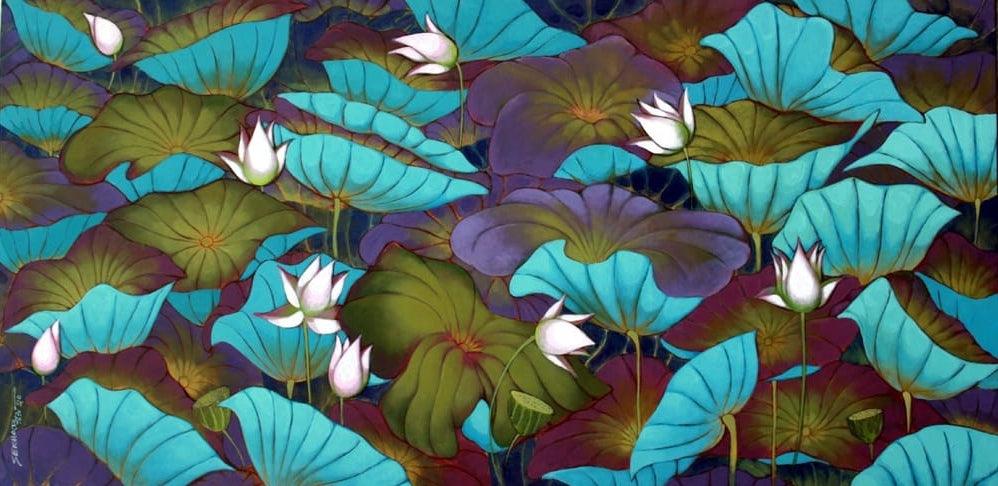 Nature acrylic painting titled 'Lotus', 36x72 inches, by artist Sekhar Roy on Canvas