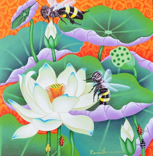 Nature acrylic painting titled 'Lotus Pond', 18x18 inches, by artist Ramu Das on Canvas