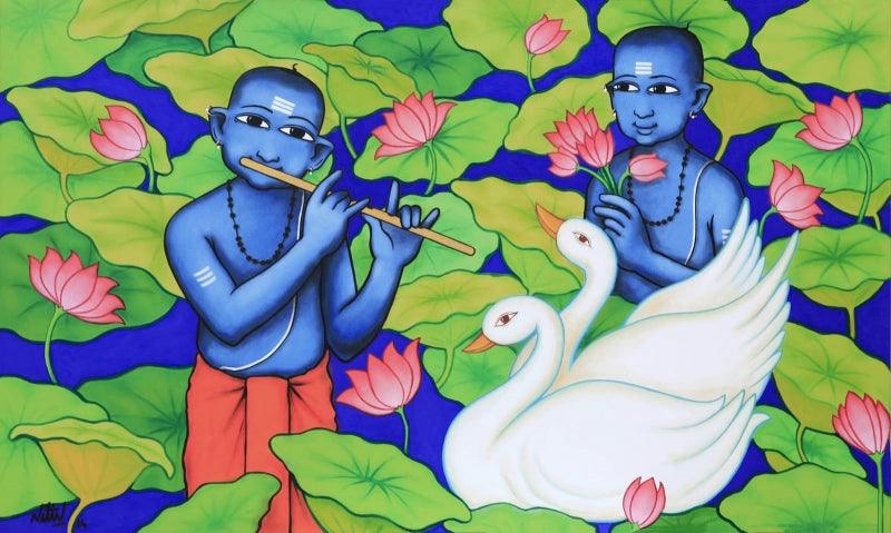 Figurative acrylic painting titled 'Lotus Pond', 36x60 inches, by artist Nitin Ghangrekar on Canvas