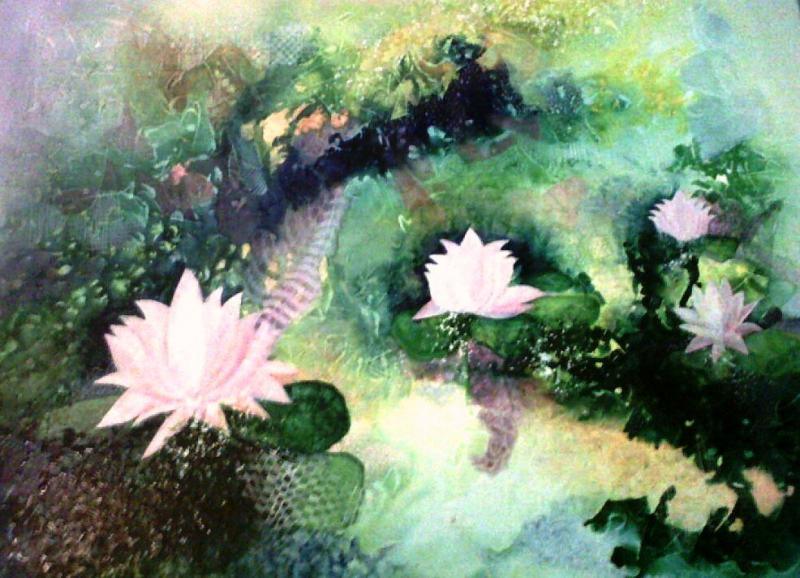 Nature acrylic painting titled 'Lotus Pond', 36x48 inches, by artist Shuchi Khanna on Canvas