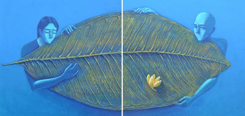 Figurative acrylic painting titled 'Love 1', 12x24 inches, by artist Virendra Chopde on Canvas