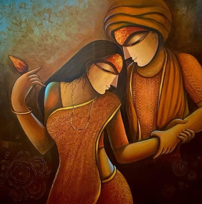 Figurative acrylic painting titled 'Love 2', 24x24 inches, by artist Mousumi Mukherjee on Canvas