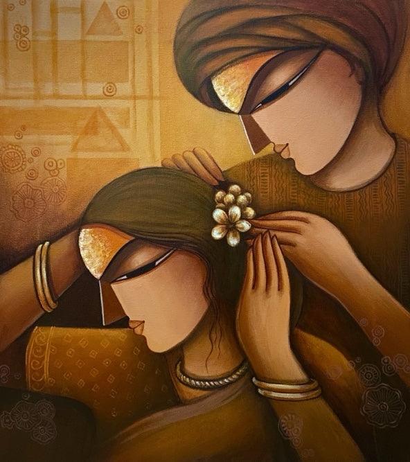 Figurative acrylic painting titled 'Love 3', 20x18 inches, by artist Mousumi Mukherjee on Canvas