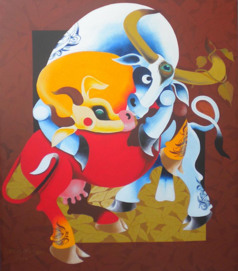 Figurative acrylic painting titled 'Love', 48x42 inches, by artist Uttam Manna on Canvas