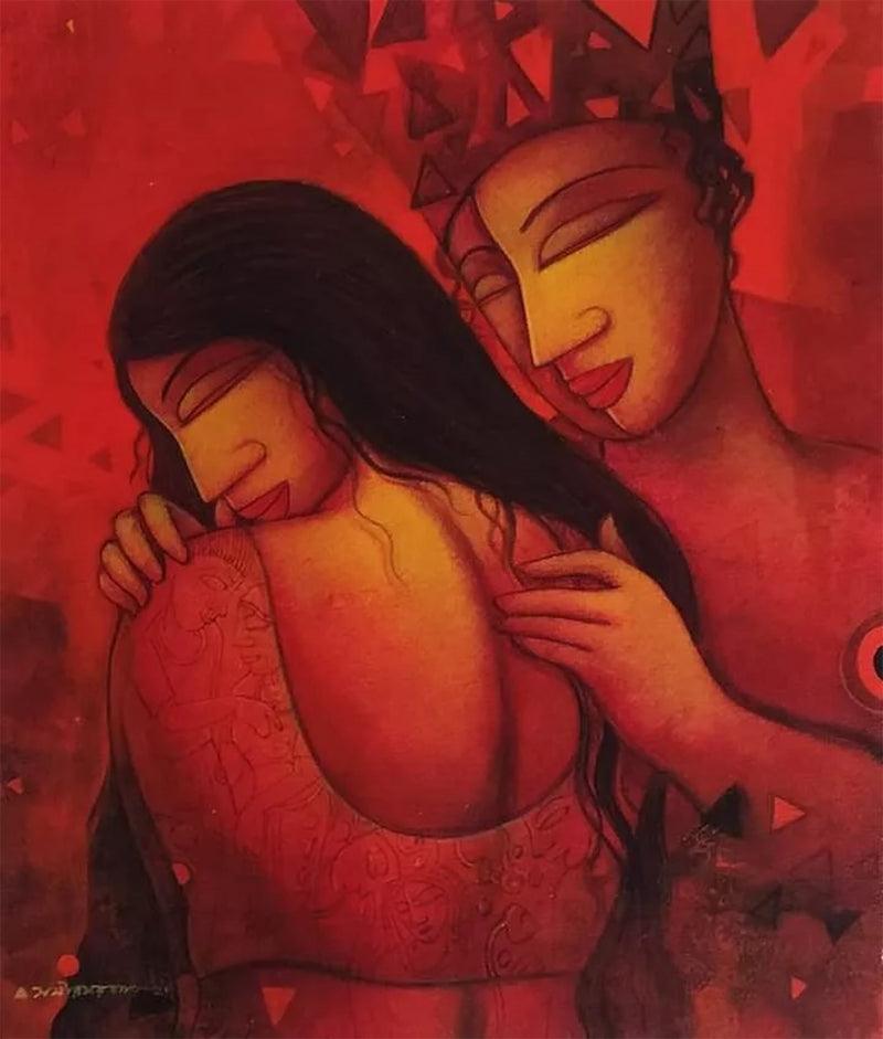 Figurative acrylic painting titled 'Love', 19x16 inches, by artist Samir Sarkar on Canvas