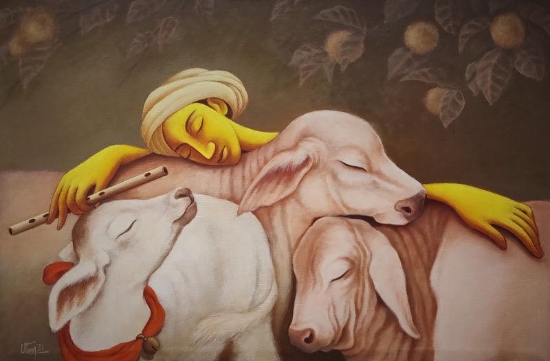 Religious acrylic painting titled 'Love', 22x33 inches, by artist Uttam Bhattacharya on Canvas