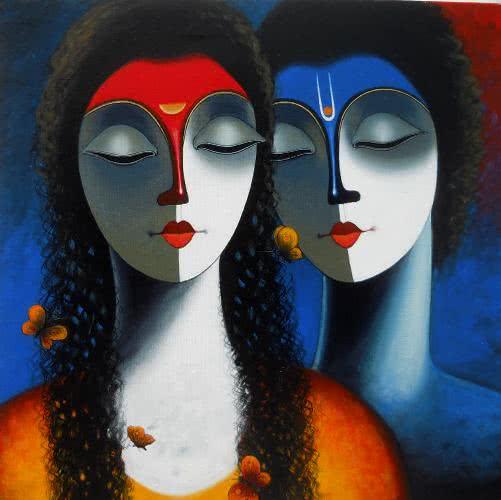 Figurative acrylic painting titled 'Love', 24x24 inches, by artist Santosh Chattopadhyay on Canvas