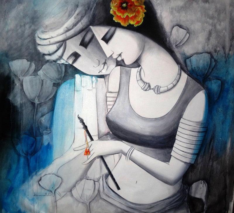 Figurative acrylic painting titled 'Love', 33x33 inches, by artist Kamal Nath on Canvas