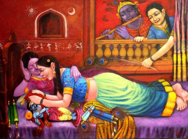 Religious acrylic painting titled 'Love', 35x47 inches, by artist Apet Pramod on Canvas