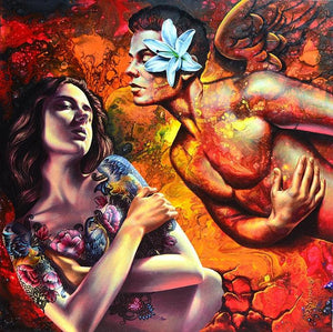 Figurative acrylic painting titled 'Love', 36x36 inches, by artist Prashanta Nayak on Canvas
