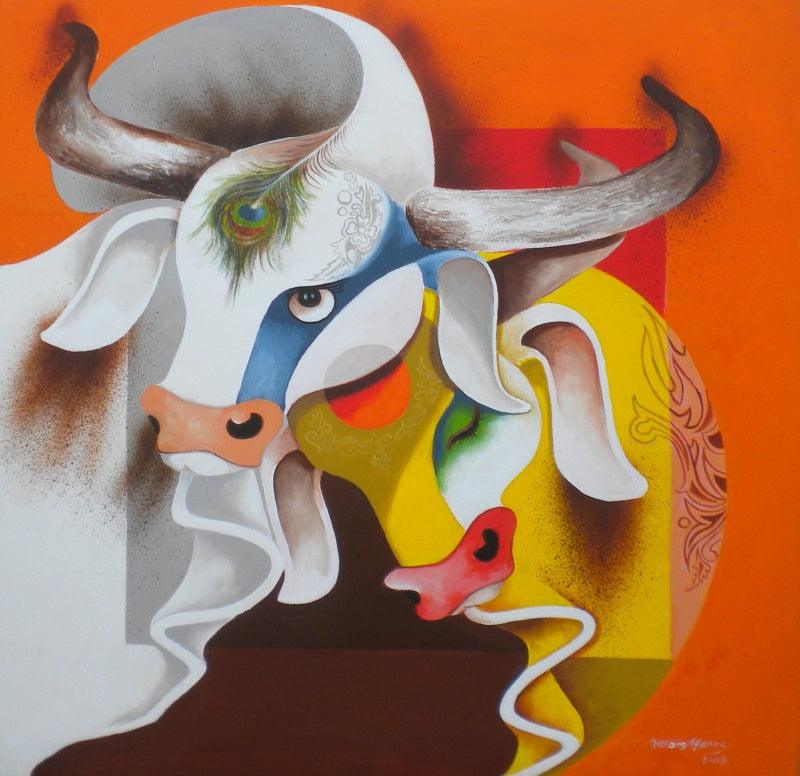Animals acrylic painting titled 'Love', 24x24 inches, by artist Uttam Manna on Canvas