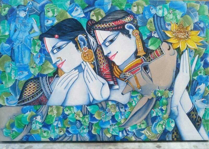 Religious acrylic painting titled 'Love', 36x24 inches, by artist Saraswathi Lingampally on Canvas