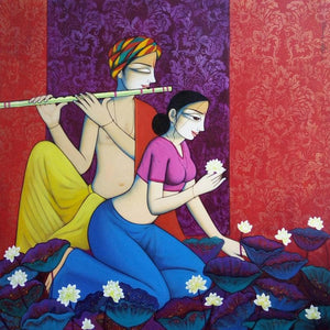 Love (The Flute and the Lotus) by Pravin Utge, Original Acrylic Figurative Painting on Canvas, Large Square Wall Art