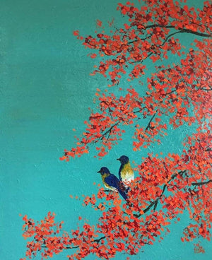 Animals acrylic painting titled 'Love Birds', 30x24 inches, by artist Shilpi Singh Patel on Canvas