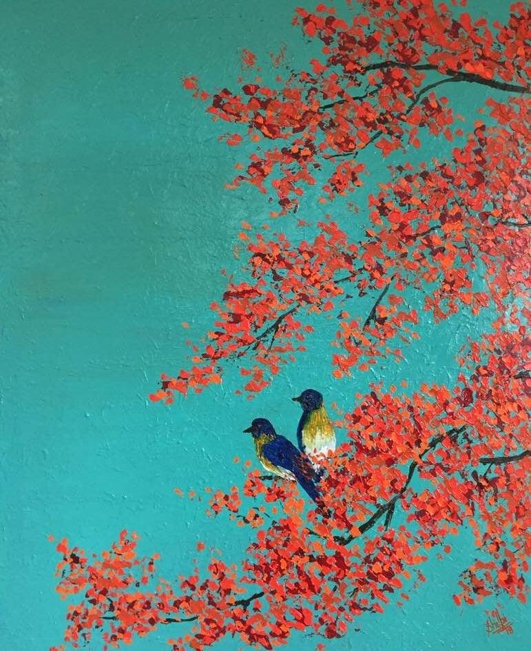 Animals acrylic painting titled 'Love Birds', 30x24 inches, by artist Shilpi Singh Patel on Canvas