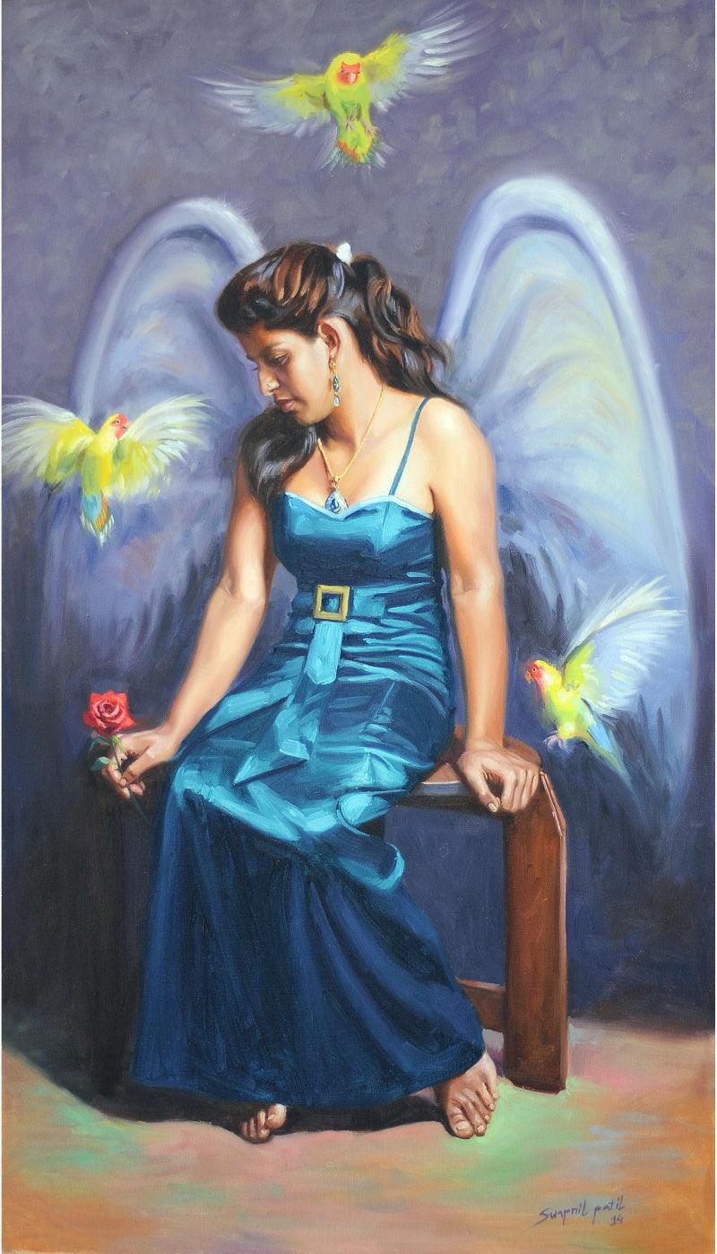 Figurative oil painting titled 'Love Birds', 42x24 inches, by artist Swapnil Patil on Canvas