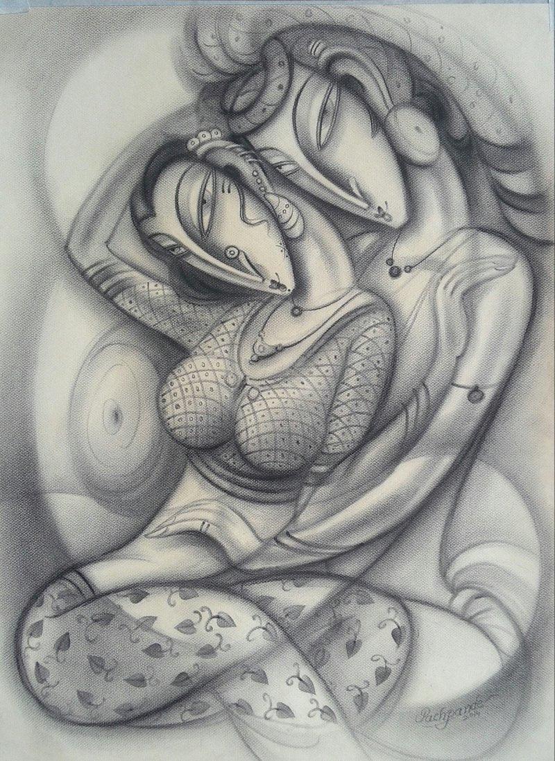 Figurative charcoal painting titled 'Love II', 29x21 inches, by artist Ramesh Pachpande on Paper