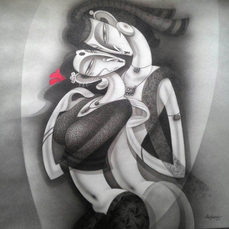 Figurative acrylic painting titled 'Love II', 36x36 inches, by artist Ramesh Pachpande on Canvas