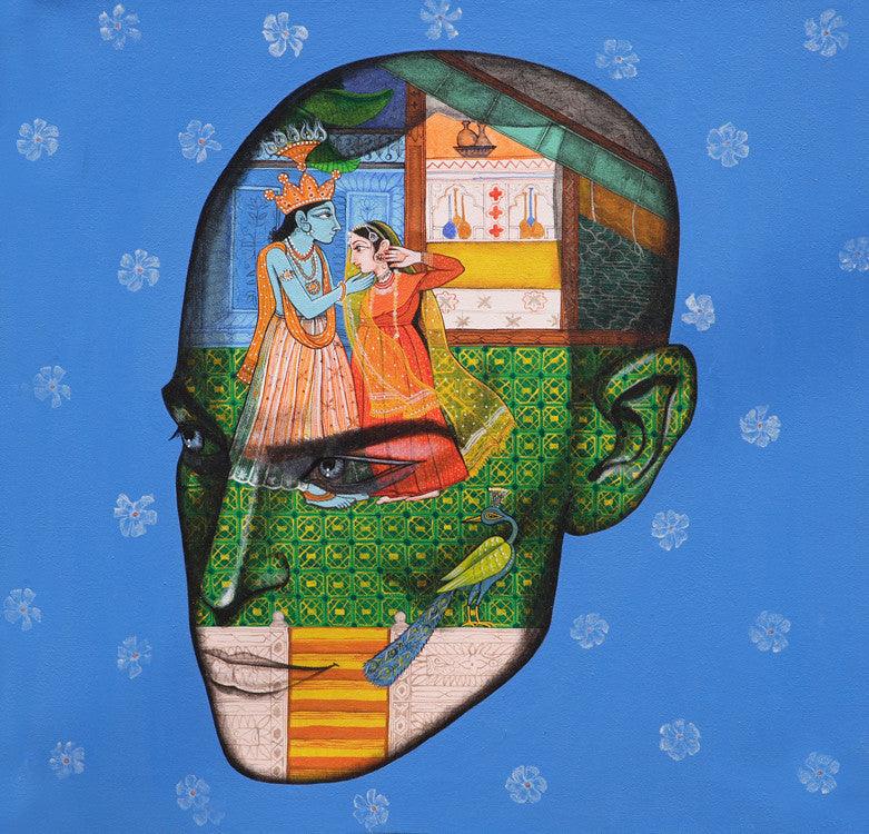 Religious acrylic painting titled 'Lover', 24x24 inches, by artist Vijay Shelar on Canvas